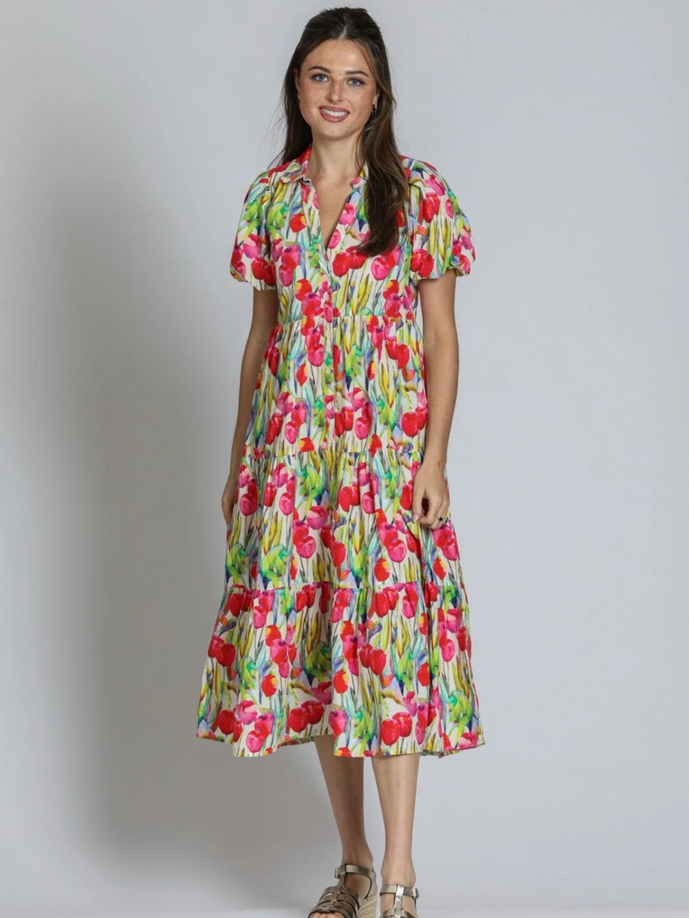 APNY TULIP Floral Print Puff Sleeve Tiered Midi Shirt Dress Pink Size Small